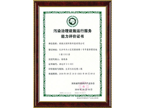 污染治理设施运行服务能力评价证书